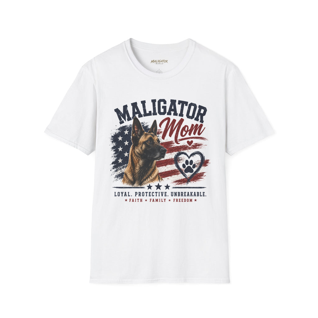 Maligator Mom T-Shirt | Malinois, American Flag paw heart