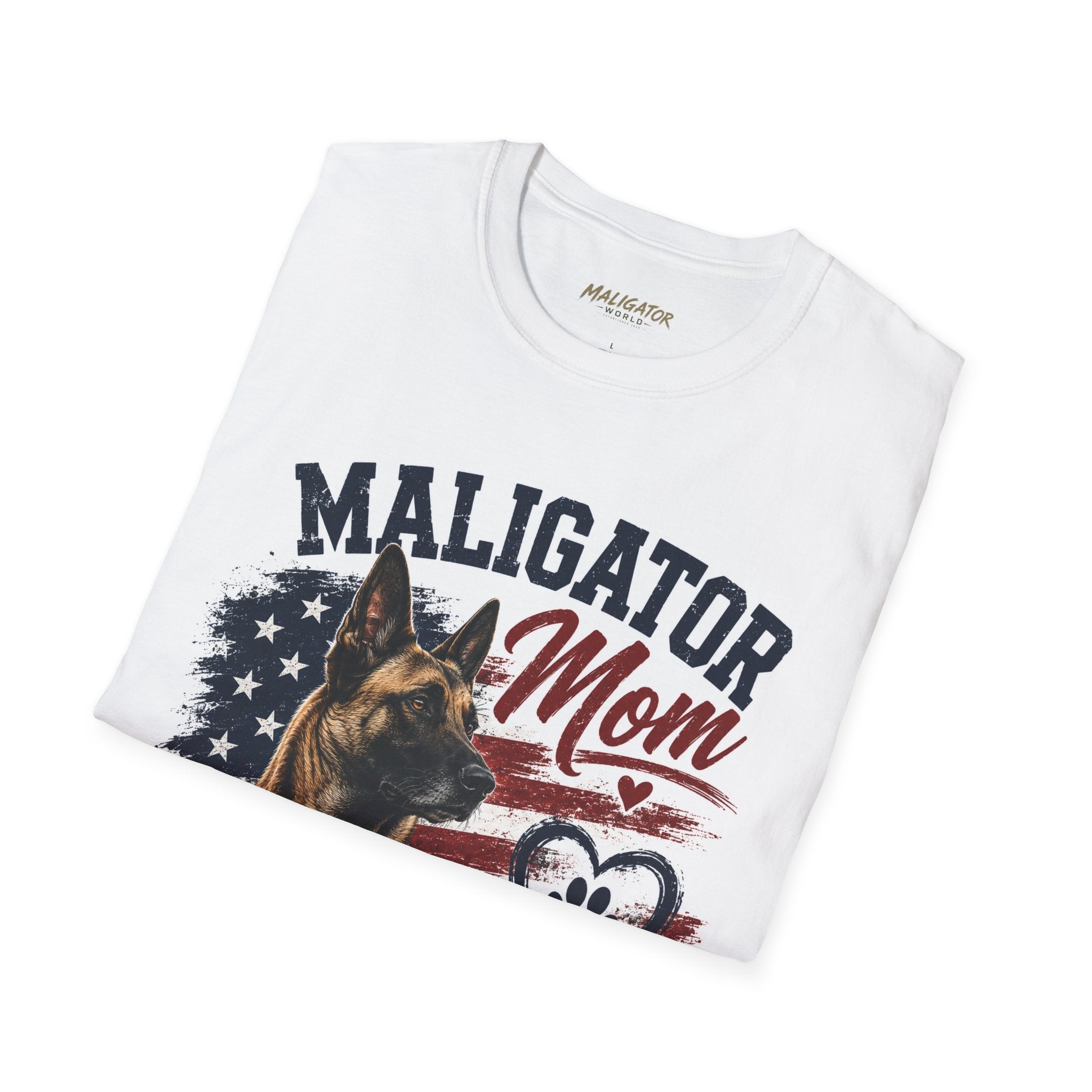 Maligator Mom T-Shirt | Malinois, American Flag paw heart