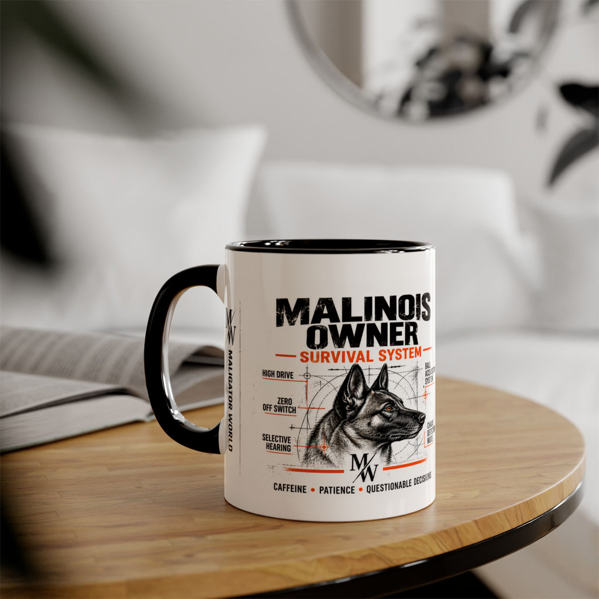 Malinois Owner Survival System Accent Mug — 11oz Coffee Cup for Belgian Malinois Lovers