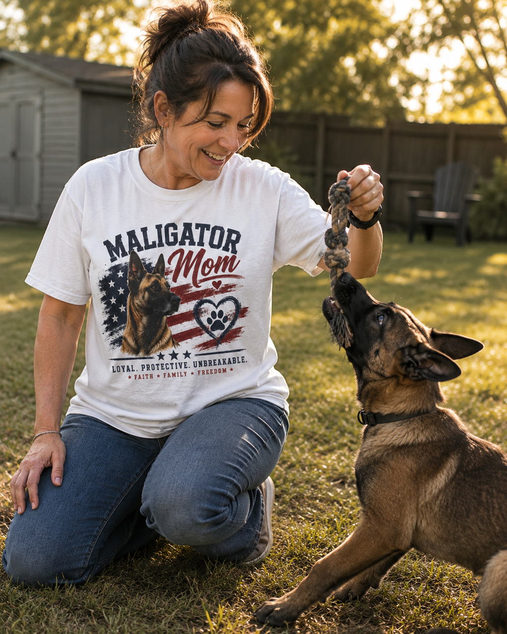 Maligator Mom T-Shirt | Malinois, American Flag paw heart