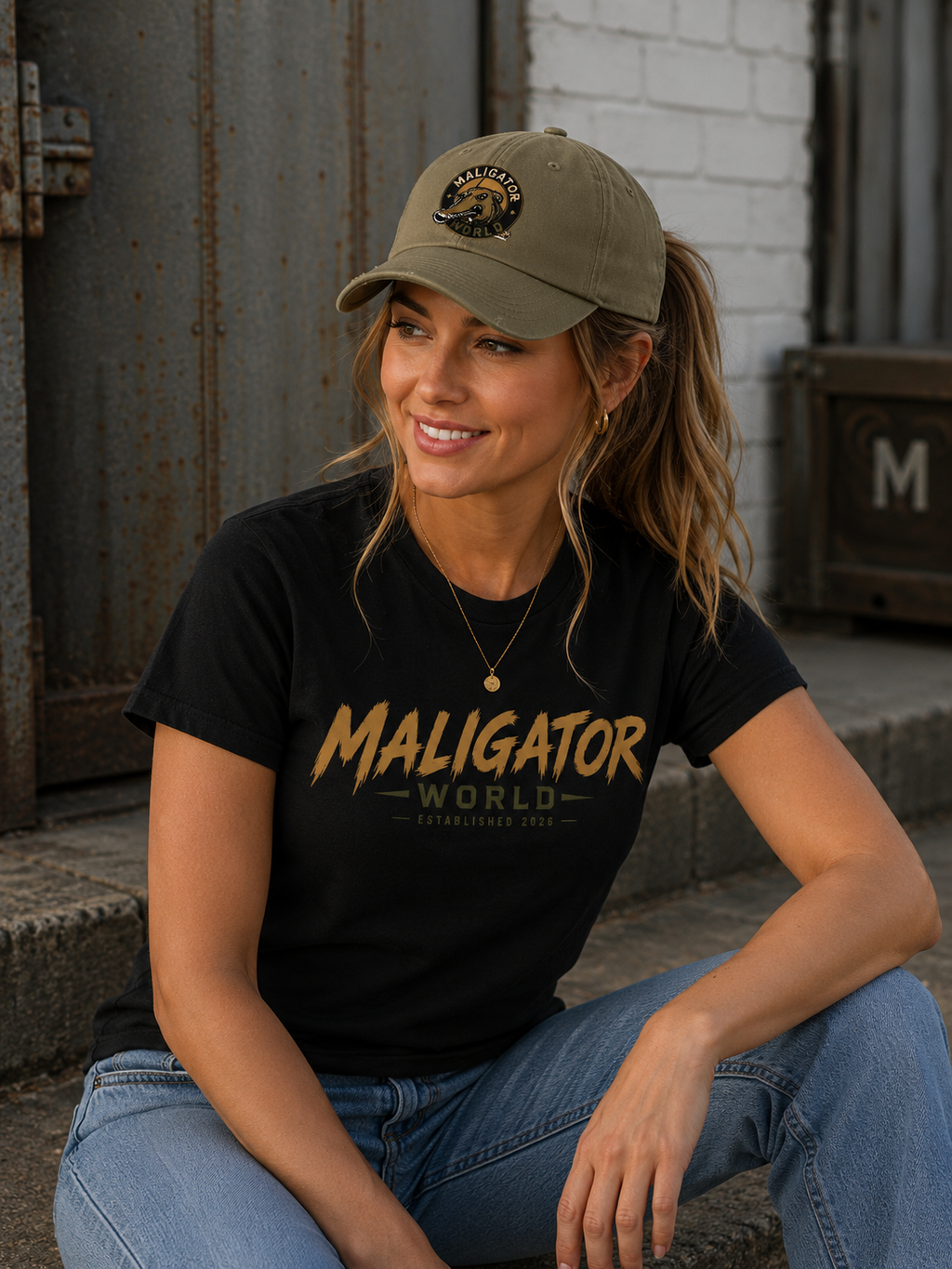 Distressed Maligator Dog Patch Cap — Vintage Black Baseball Hat
