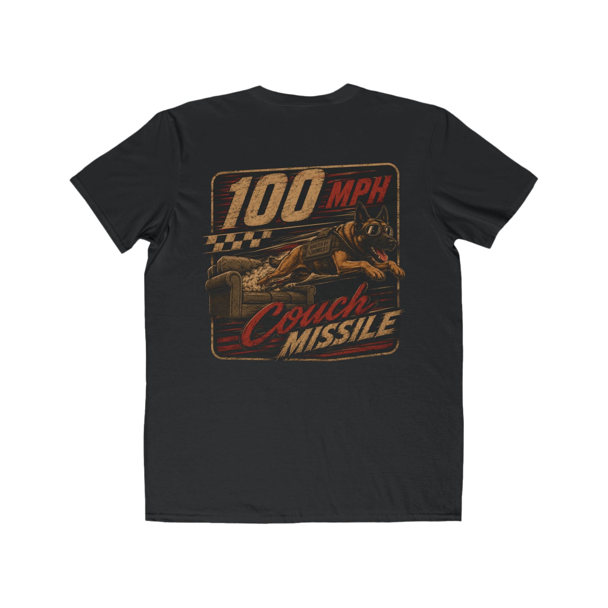 100 MPH Couch Missile Malinois Tee | Vintage Racing Sofa Graphic T-Shirt