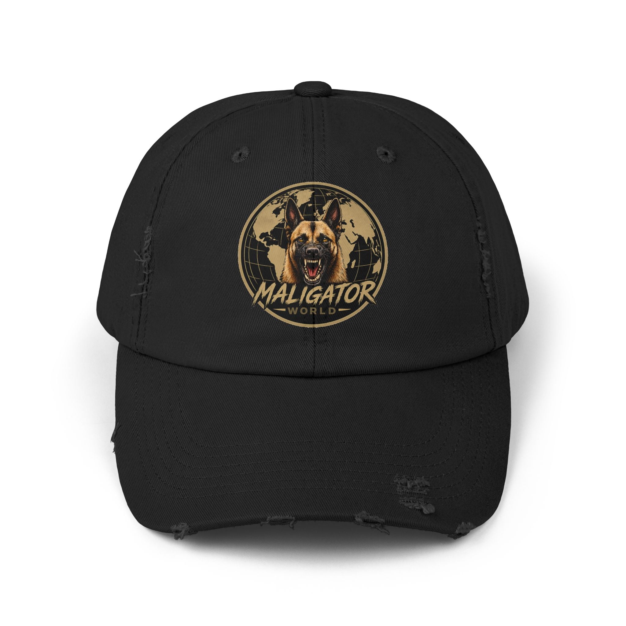 Distressed Maligator Dog Patch Cap — Vintage Black Baseball Hat