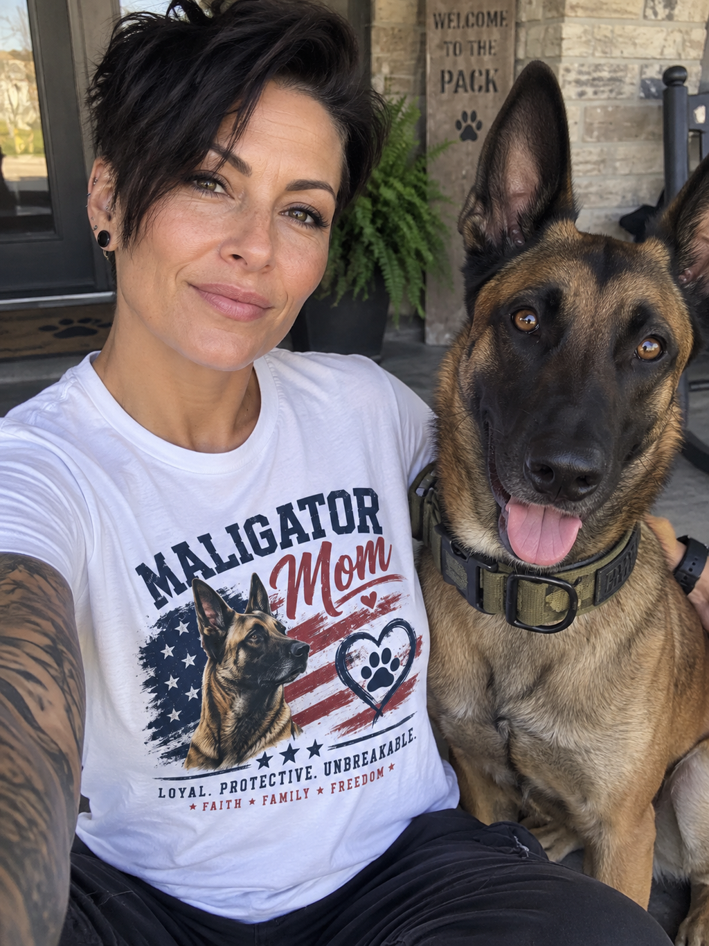 Maligator Mom T-Shirt | Malinois, American Flag paw heart
