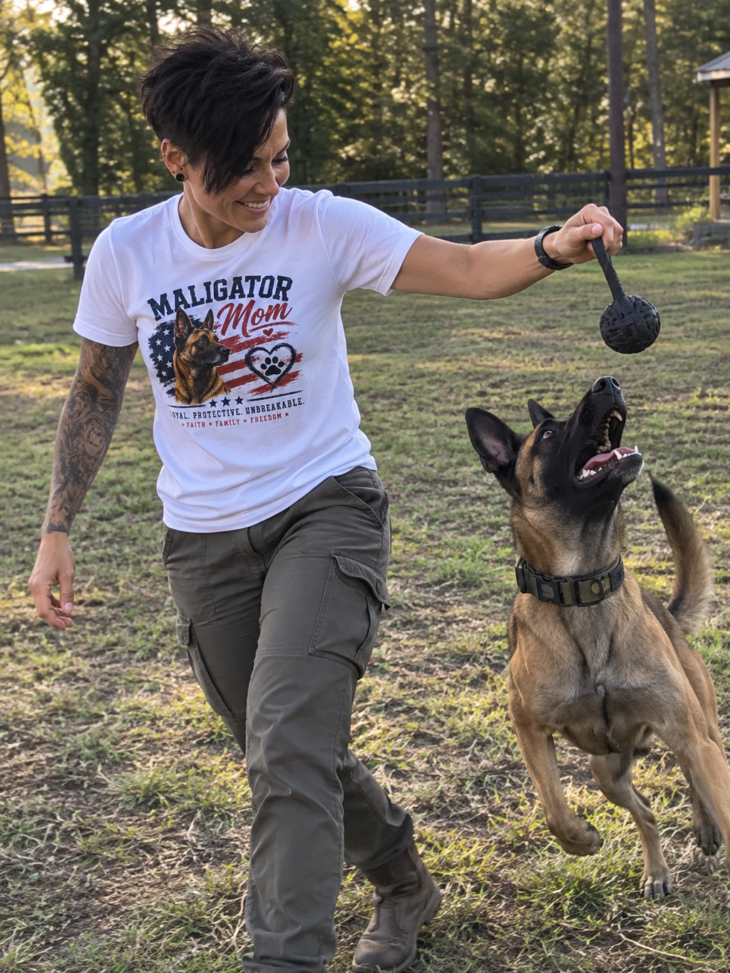 Maligator Mom T-Shirt | Malinois, American Flag paw heart