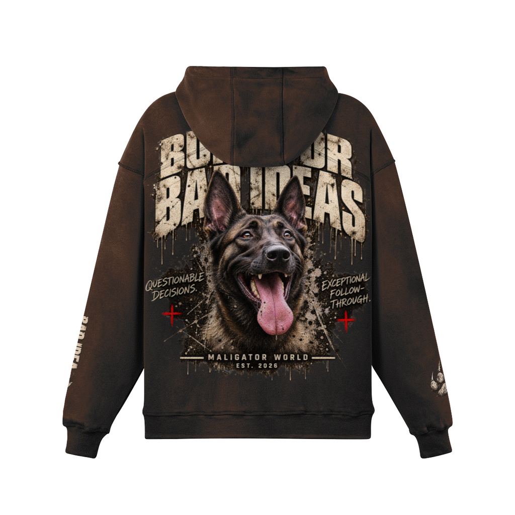 A dark brown hoodie shown from the back, featuring a large graphic print of a German Shepherd dog with the text 'BULLING BAD IDEAS' and 'MALIGATOR WORLD EST. 2026'.