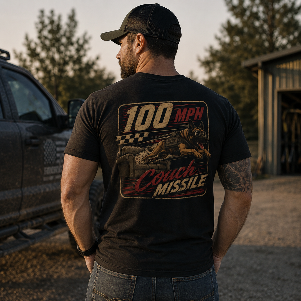 100 MPH Couch Missile Malinois Tee | Vintage Racing Sofa Graphic T-Shirt