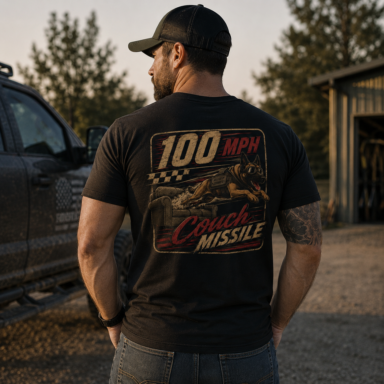 100 MPH Couch Missile Malinois Tee | Vintage Racing Sofa Graphic T-Shirt