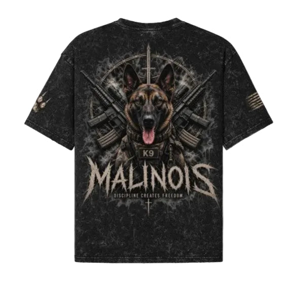 A black distressed graphic t-shirt featuring a Belgian Malinois K9 dog design with crossed rifles, the name 'MALINOIS' in stylized text, and a K9 insignia on the back.