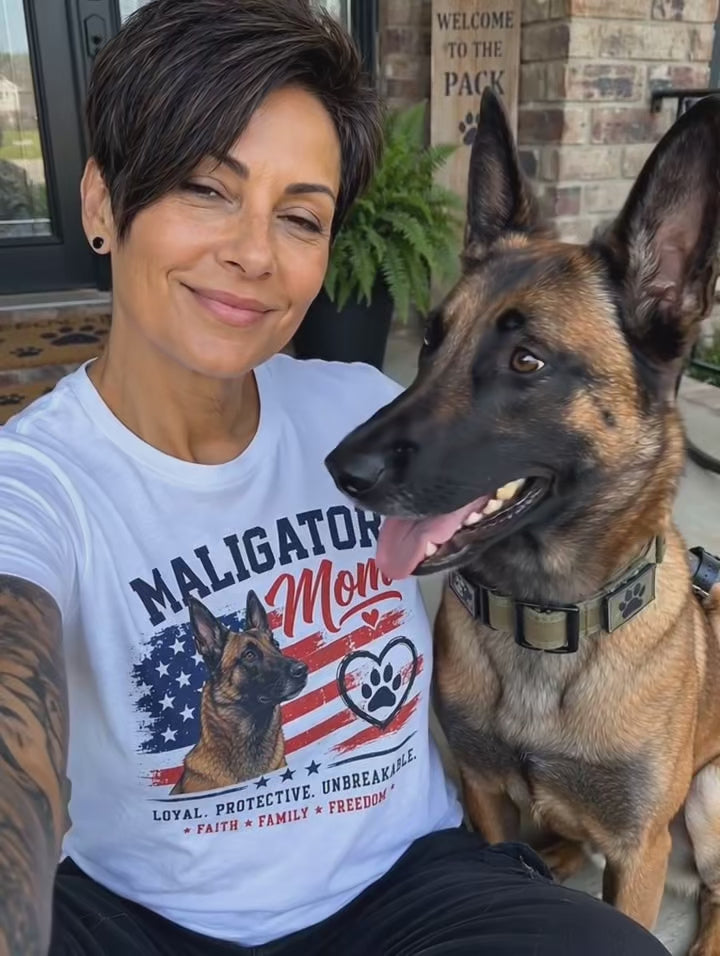 Maligator Mom T-Shirt | Malinois, American Flag paw heart