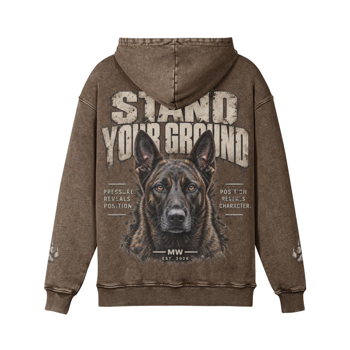 A brown acid-wash hoodie shown from the back, featuring a large graphic print of a Shepherd dog's face with the text 'STAND YOUR GROUND' and smaller text elements, on a plain white background.