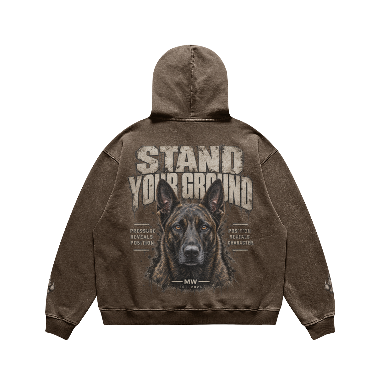 A brown acid-wash hoodie shown from the back, featuring a large graphic print of a German Shepherd dog's face with the text 'STAND YOUR GROUND' and smaller text reading 'PRESS LE REVOLVERS POLICE' and 'POLICE REVOLVERS CHARACTER'.
