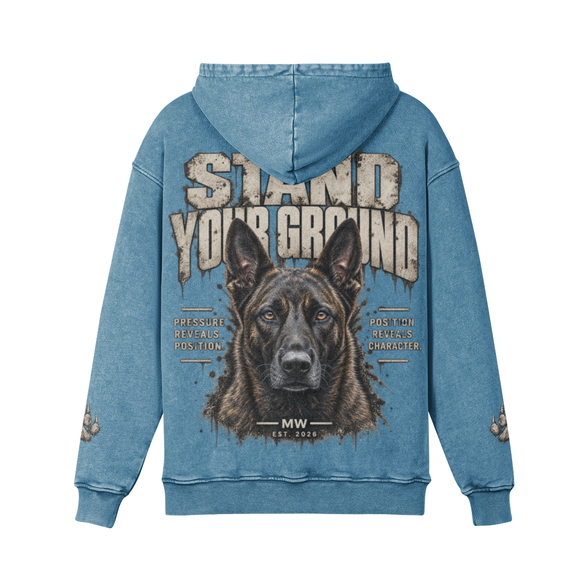 A blue acid-wash hoodie shown from the back, featuring a large graphic print of a Shepherd dog and the distressed text 'STAND YOUR GROUND' on a plain white background.