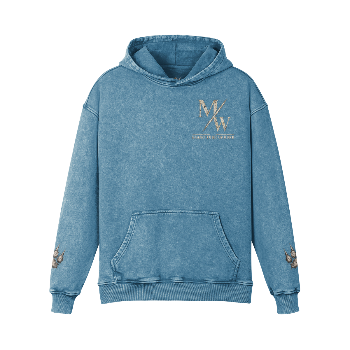 A blue acid-wash pullover hoodie with a gold foil 'MW' logo and 'STAND YOUR GROUND' text on the left chest, featuring embroidered butterfly details on both sleeves.